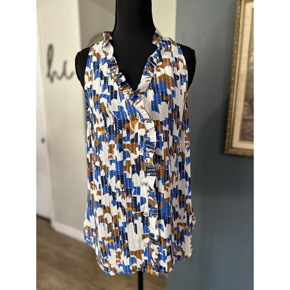 Cabi Jigsaw Top #6106 Sleeveless Blue Cream Button Down Tank Size Medium - Picture 1 of 5